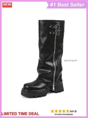 Platform Knee High Combat Riding Boots Faux Leather Fold Over